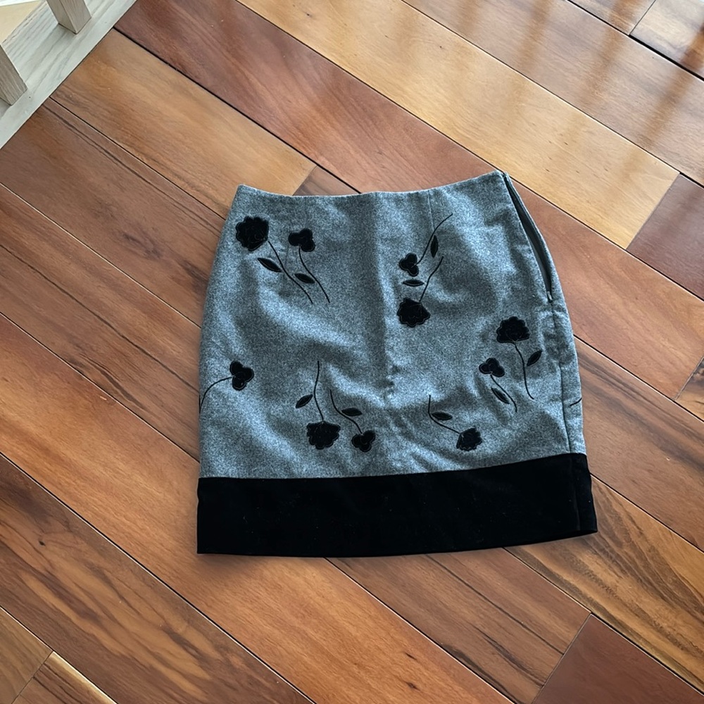 And Taylor gray with black suede floral print and black suede trim
